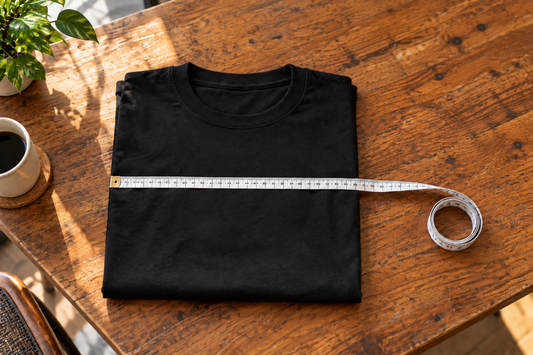 A measuring tape across the chest of a folded black t-shirt on a wooden table