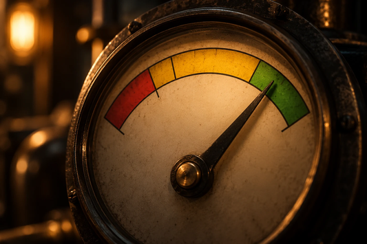 Vintage gauge with the needle resting at the very bottom edge of the green zone