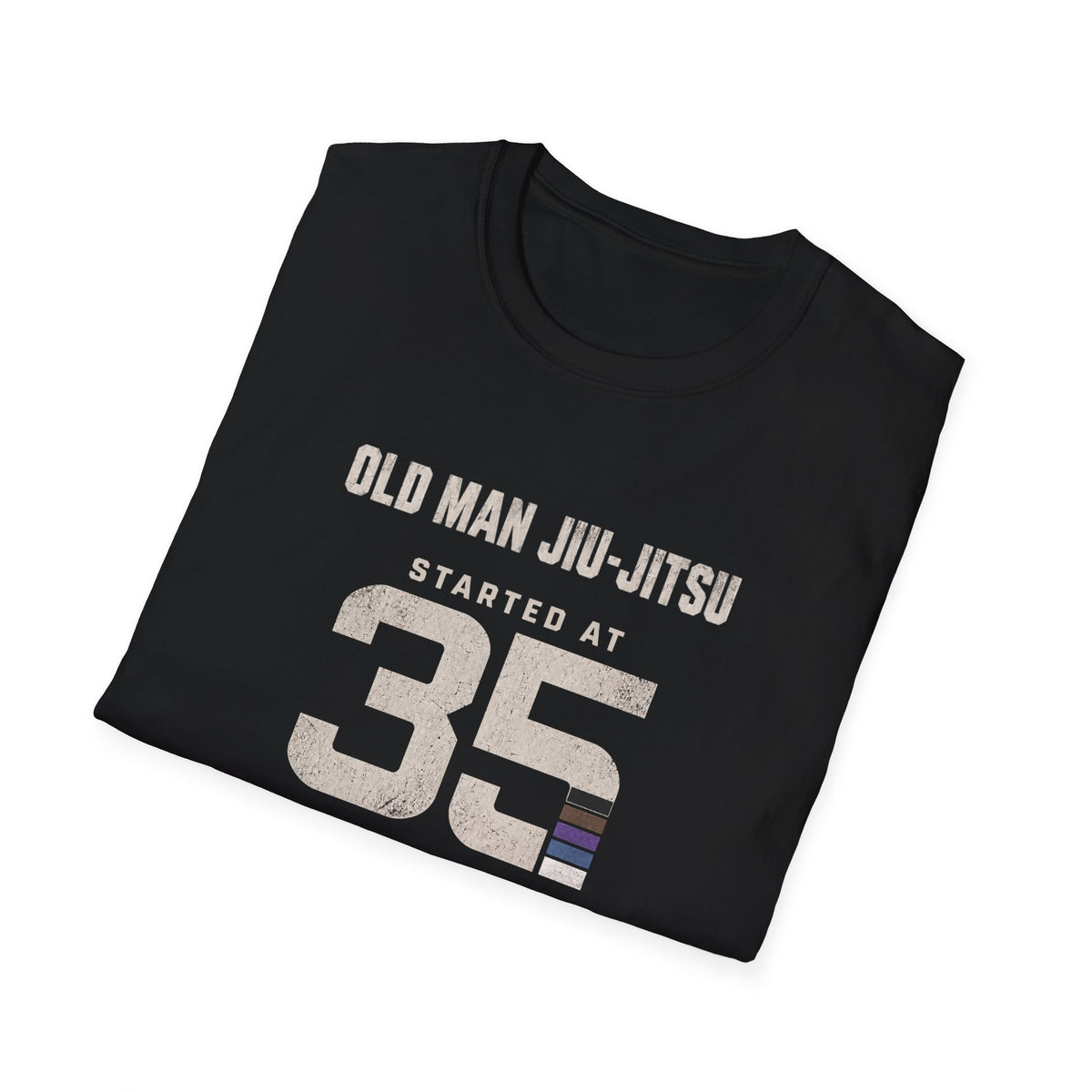 Started at 35 BJJ T-shirt in Black, folded view of the Old Man Jiu-Jitsu Started at 35 print | Frames Culture