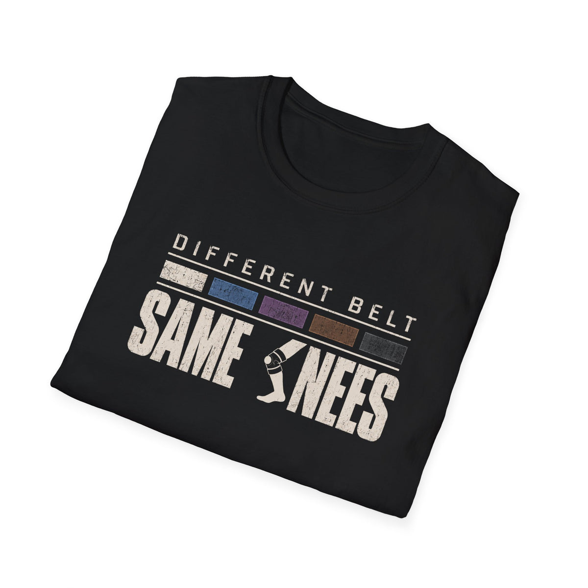 Same Knees BJJ T-shirt in Black, folded view of the Different Belt Same Knees print | Frames Culture