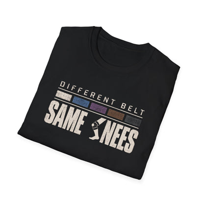 Same Knees BJJ T-shirt in Black, folded view of the Different Belt Same Knees print | Frames Culture