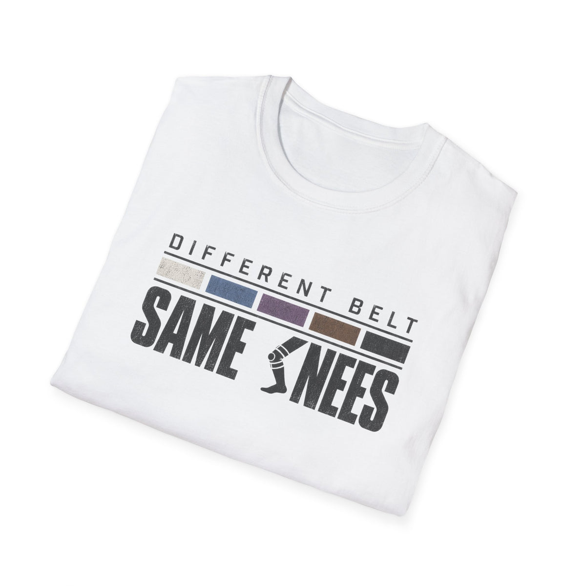 Same Knees BJJ T-shirt in White, folded view of the Different Belt Same Knees print | Frames Culture
