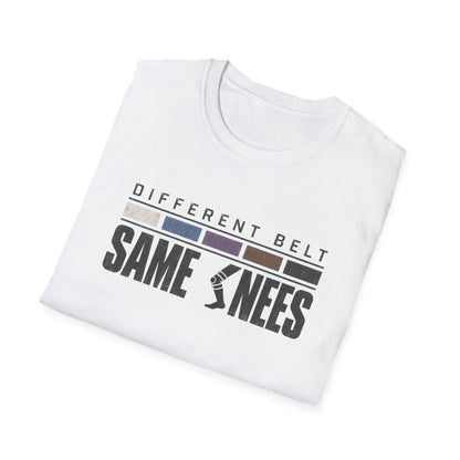 Same Knees BJJ T-shirt in White, folded view of the Different Belt Same Knees print | Frames Culture