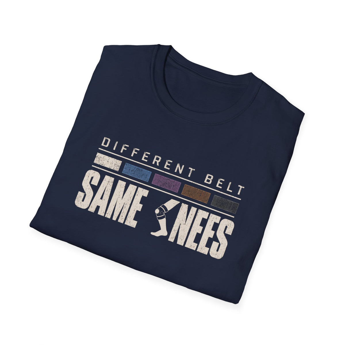 Same Knees BJJ T-shirt in Navy, folded view of the Different Belt Same Knees print | Frames Culture