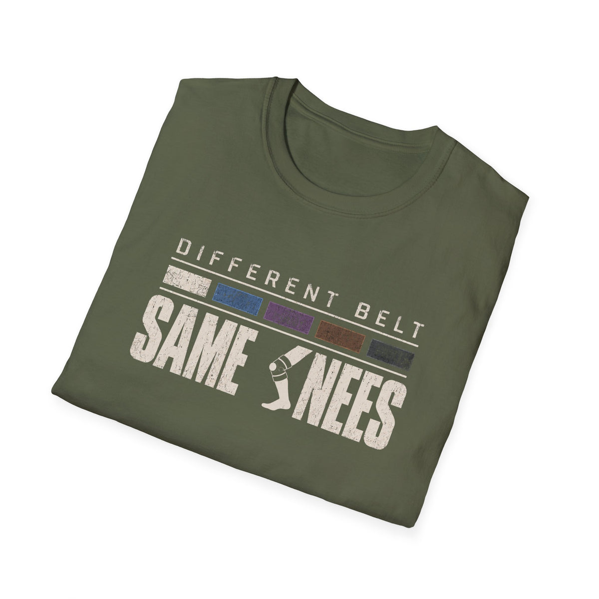 Same Knees BJJ T-shirt in Military Green, folded view of the Different Belt Same Knees print | Frames Culture