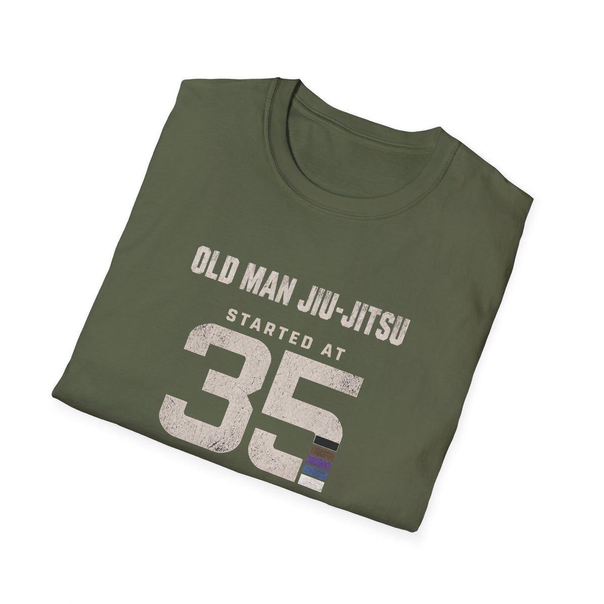 Started at 35 BJJ T-shirt in Military Green, folded view of the Old Man Jiu-Jitsu Started at 35 print | Frames Culture