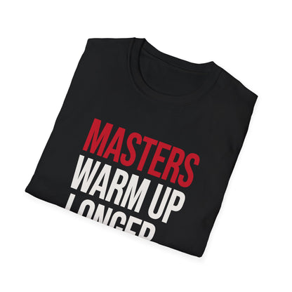 Masters Warm Up BJJ T-shirt in Black, folded, showing the MASTERS WARM UP LONGER print