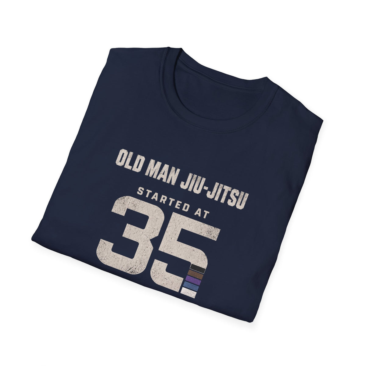 Started at 35 BJJ T-shirt in Navy, folded view of the Old Man Jiu-Jitsu Started at 35 print | Frames Culture