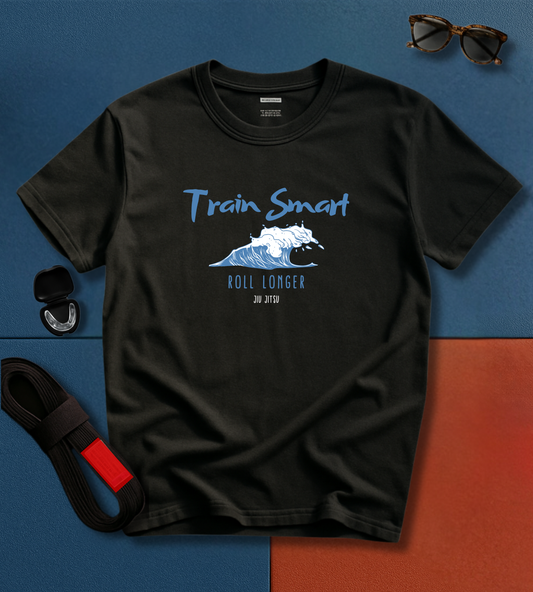 Black BJJ t-shirt with 'Train Smart Roll Longer' graphic on a blue and orange gradient background