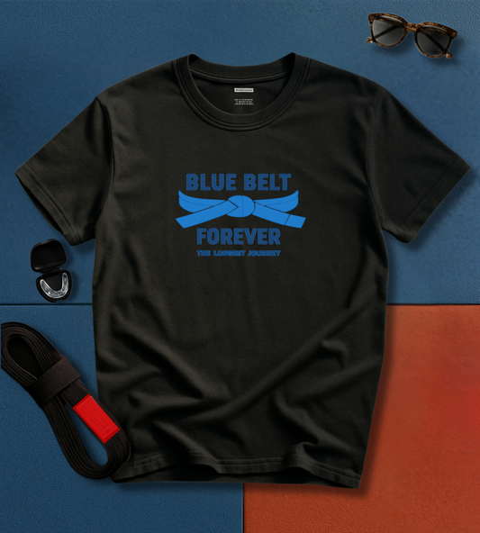 Black BJJ t-shirt with 'Blue Belt Forever' graphic on a blue and orange background