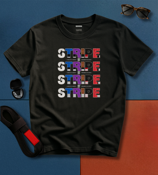 Stripe by Stripe BJJ T-shirt in Black, belt rank progression jiu jitsu shirt | Frames Culture