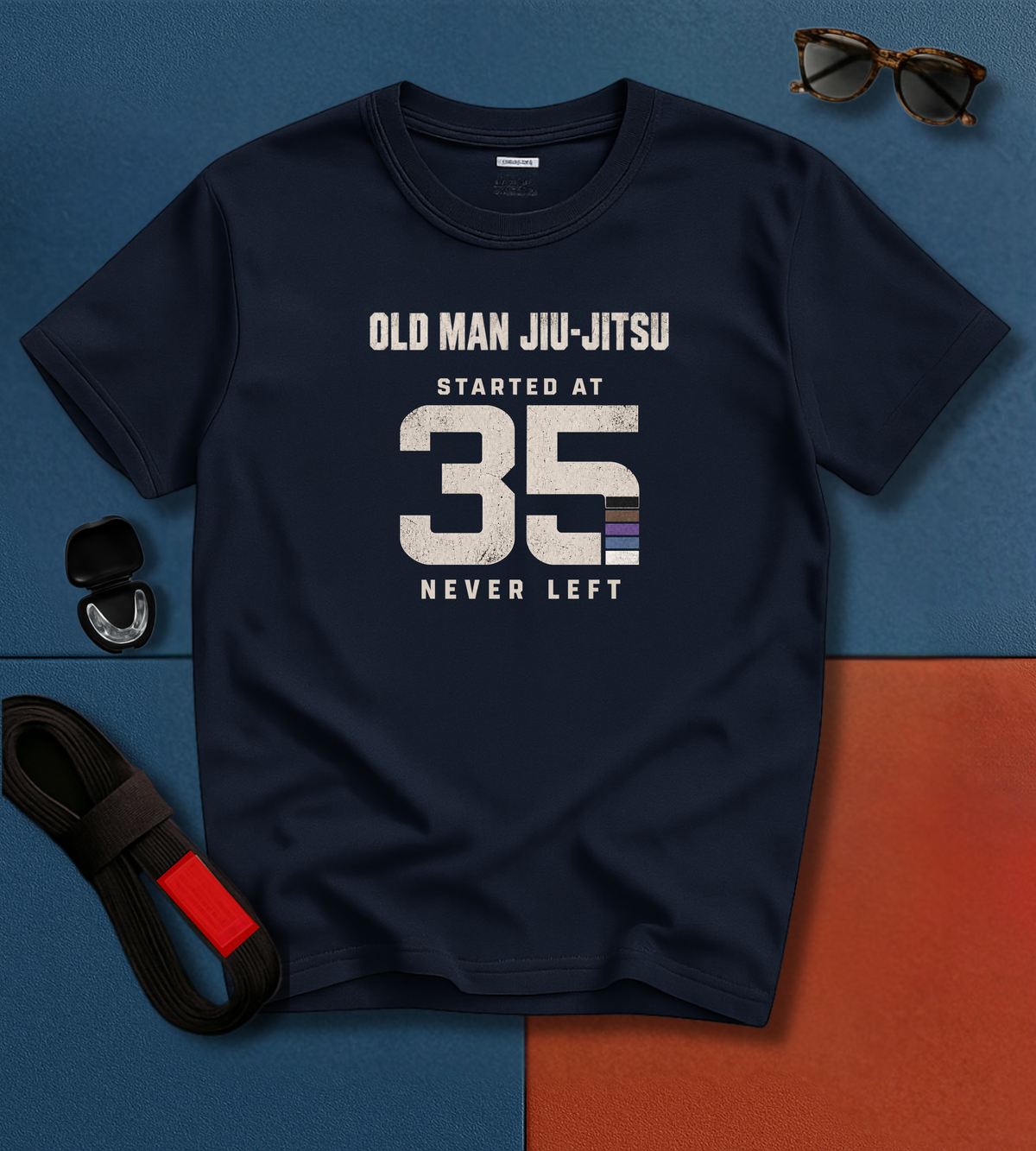 Started at 35 BJJ T-shirt in Navy, Old Man Jiu-Jitsu Started at 35 Never Left shirt | Frames Culture