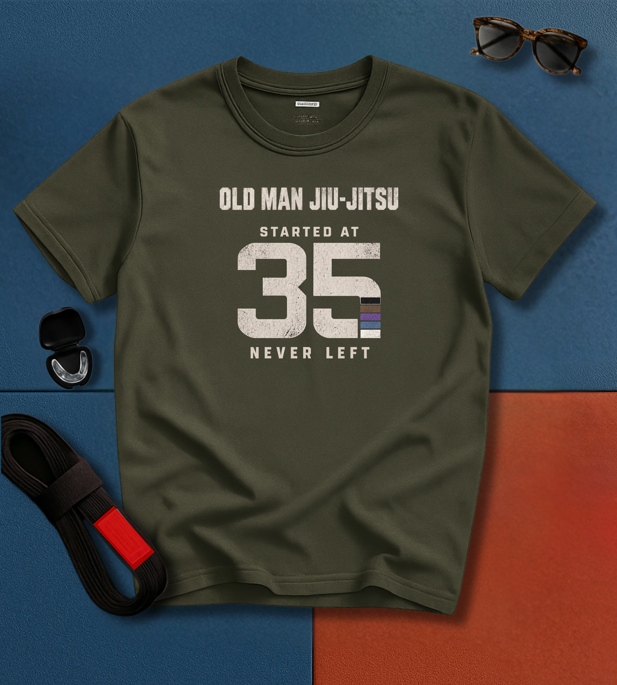 Started at 35 BJJ T-shirt in Military Green, Old Man Jiu-Jitsu Started at 35 Never Left shirt | Frames Culture