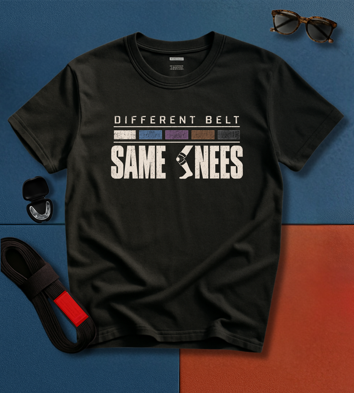 Same Knees BJJ T-shirt in Black, Different Belt Same Knees funny jiu jitsu shirt | Frames Culture