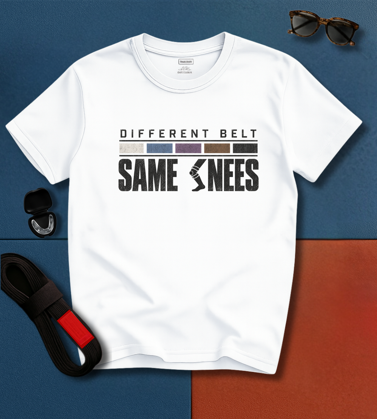 Same Knees BJJ T-shirt in White, Different Belt Same Knees funny jiu jitsu shirt | Frames Culture