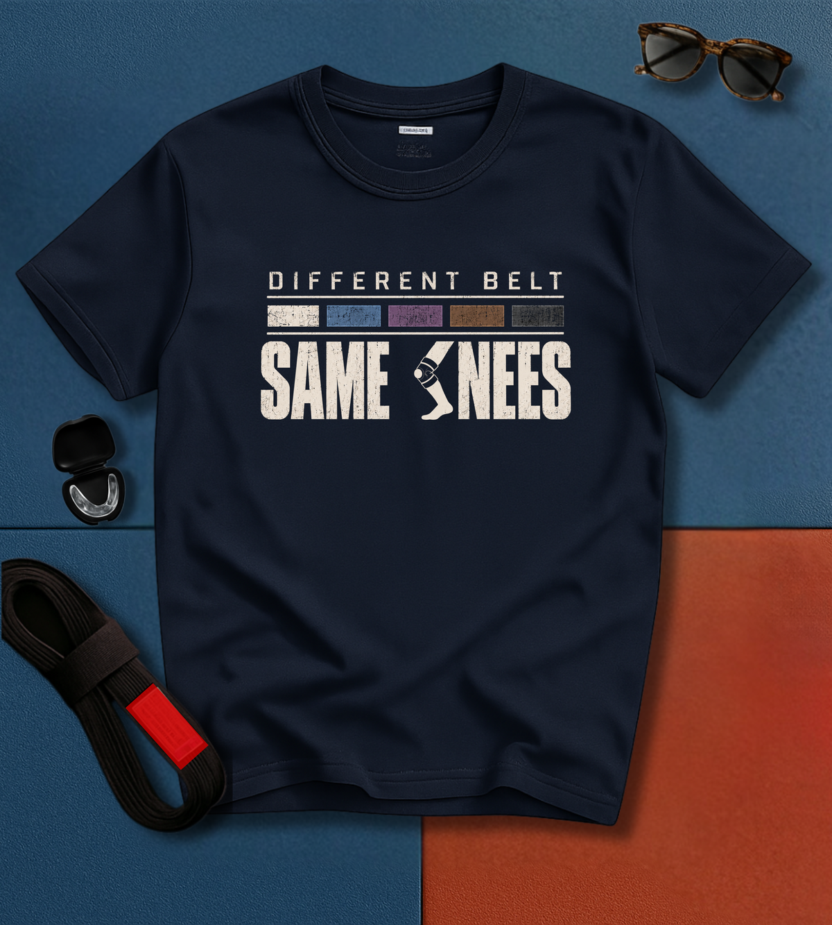 Same Knees BJJ T-shirt in Navy, Different Belt Same Knees funny jiu jitsu shirt | Frames Culture