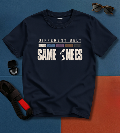 Same Knees BJJ T-shirt in Navy, Different Belt Same Knees funny jiu jitsu shirt | Frames Culture