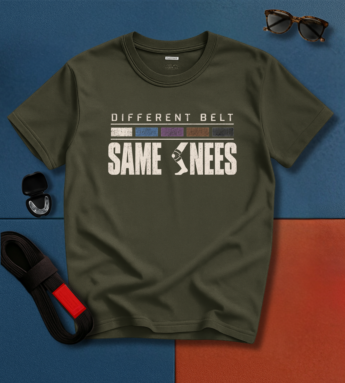 Same Knees BJJ T-shirt in Military Green, Different Belt Same Knees funny jiu jitsu shirt | Frames Culture