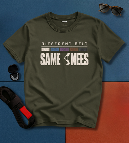 Same Knees BJJ T-shirt in Military Green, Different Belt Same Knees funny jiu jitsu shirt | Frames Culture