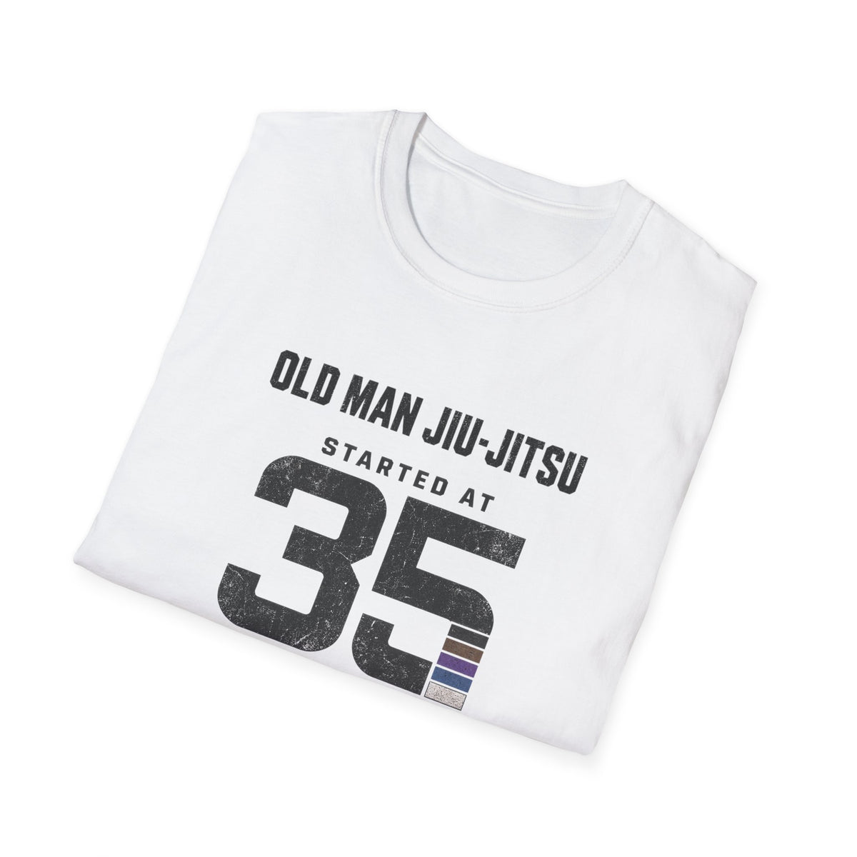 Started at 35 BJJ T-shirt in White, folded view of the Old Man Jiu-Jitsu Started at 35 print | Frames Culture