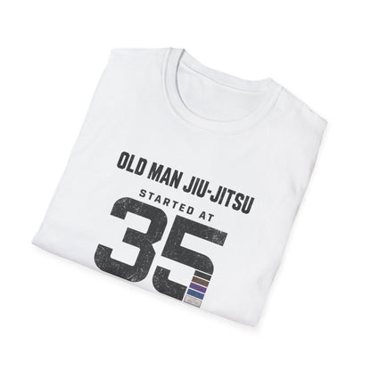 Started at 35 BJJ T-shirt in White, folded view of the Old Man Jiu-Jitsu Started at 35 print | Frames Culture